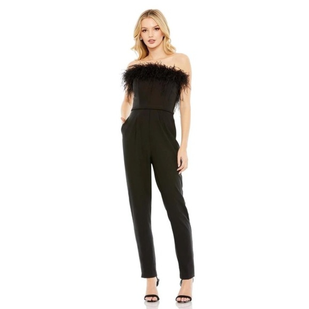 Mac Duggal Womens Strapless Feather Trim‎ Jumpsuit Black NWT